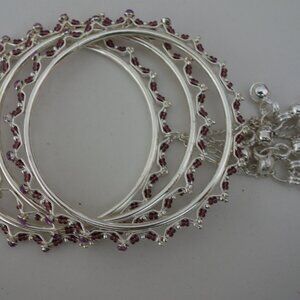 Beautiful 3 Bracelet Diameter 2.5" Silver & Purple Color Beads Vintage
